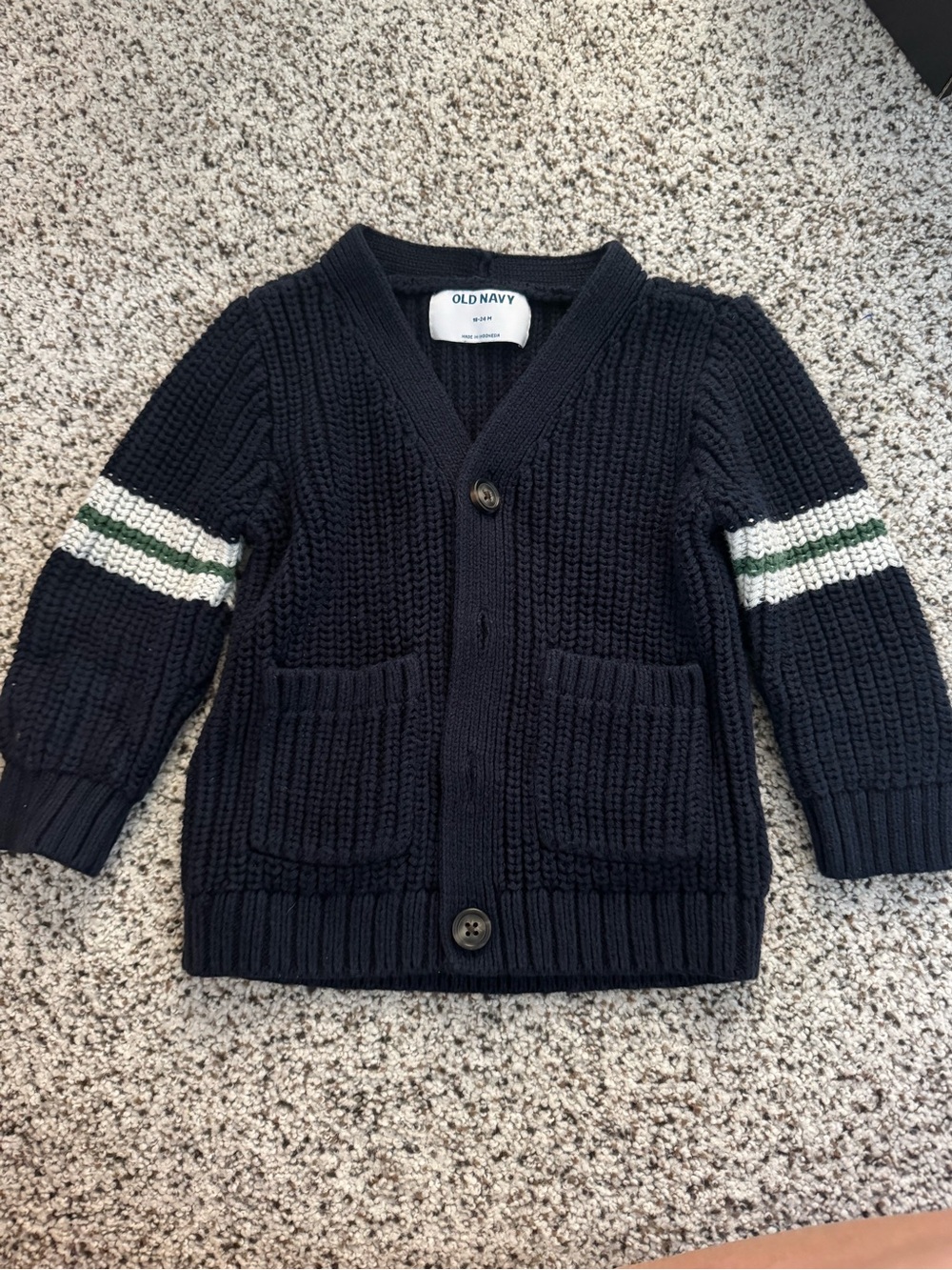 Old Navy Navy Knit Cardigan with Green & White Sleeve Stripes